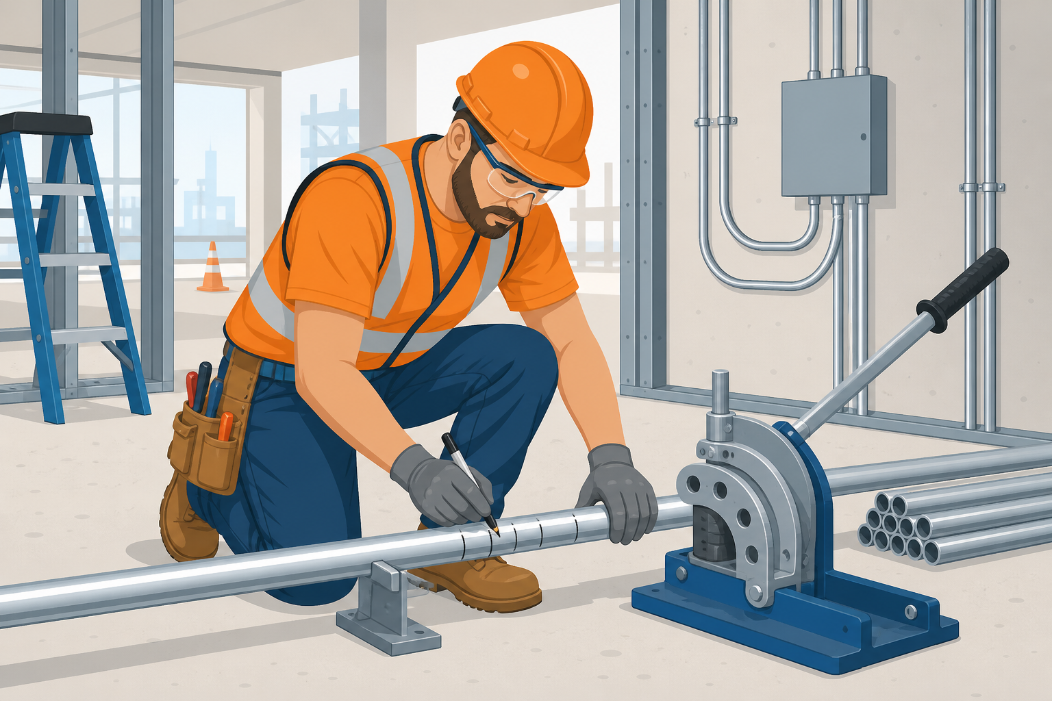 Electrician marking bend points on EMT conduit using ConduitCue bend calculator results
