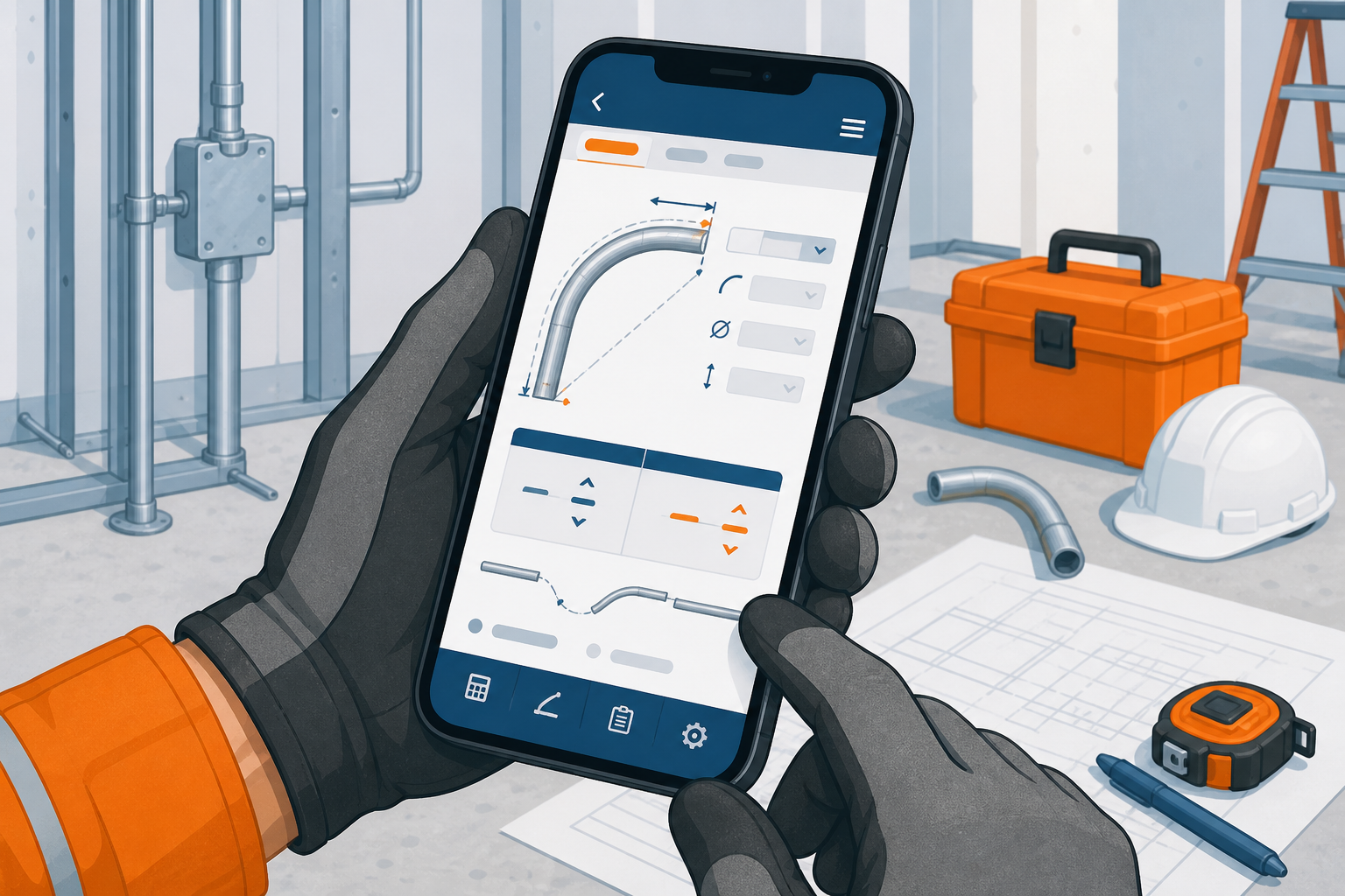 ConduitCue bend calculator showing live bend diagram on iPhone at a jobsite